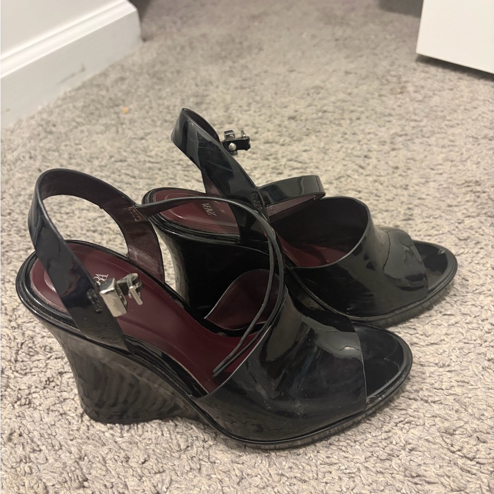 Zara Black Patent Wedge Sandals